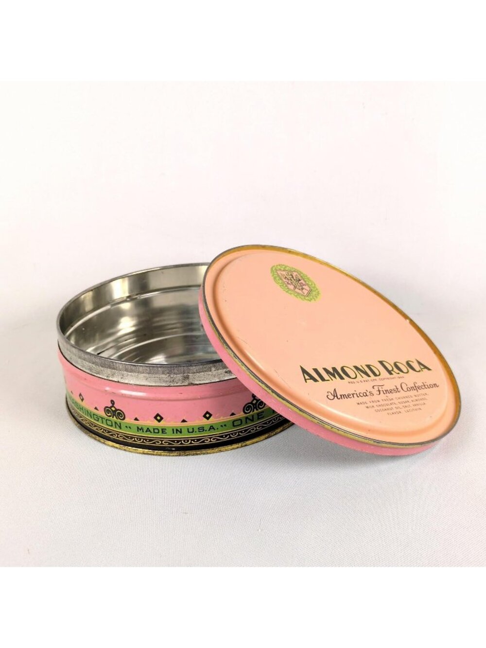 Vintage Almond Roca Candy Tin, Pink Oval Brown and Haley Collectible (1944)